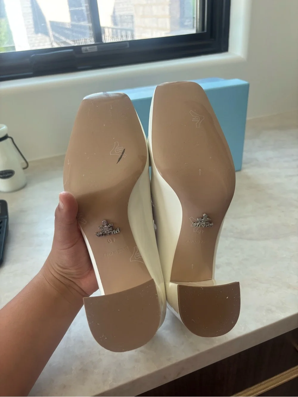 Prada Cream Patent Leather Mid Heel Loafers